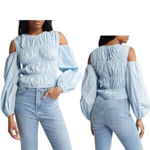 TopShop Off The Shoulder Poplin Cold Shoulder Top Blue Size 6 NWOT $55 MSRP